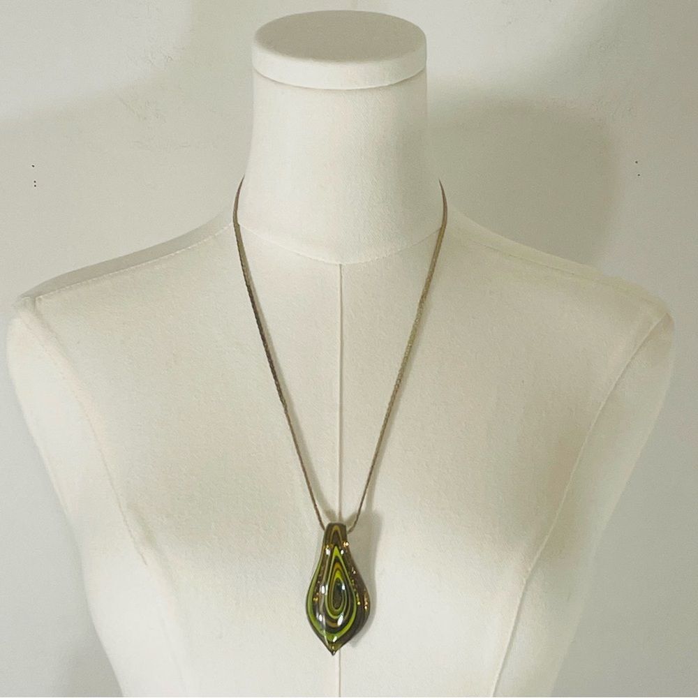 Large Vintage Green & Brown Glass Pendant and Necklace Set